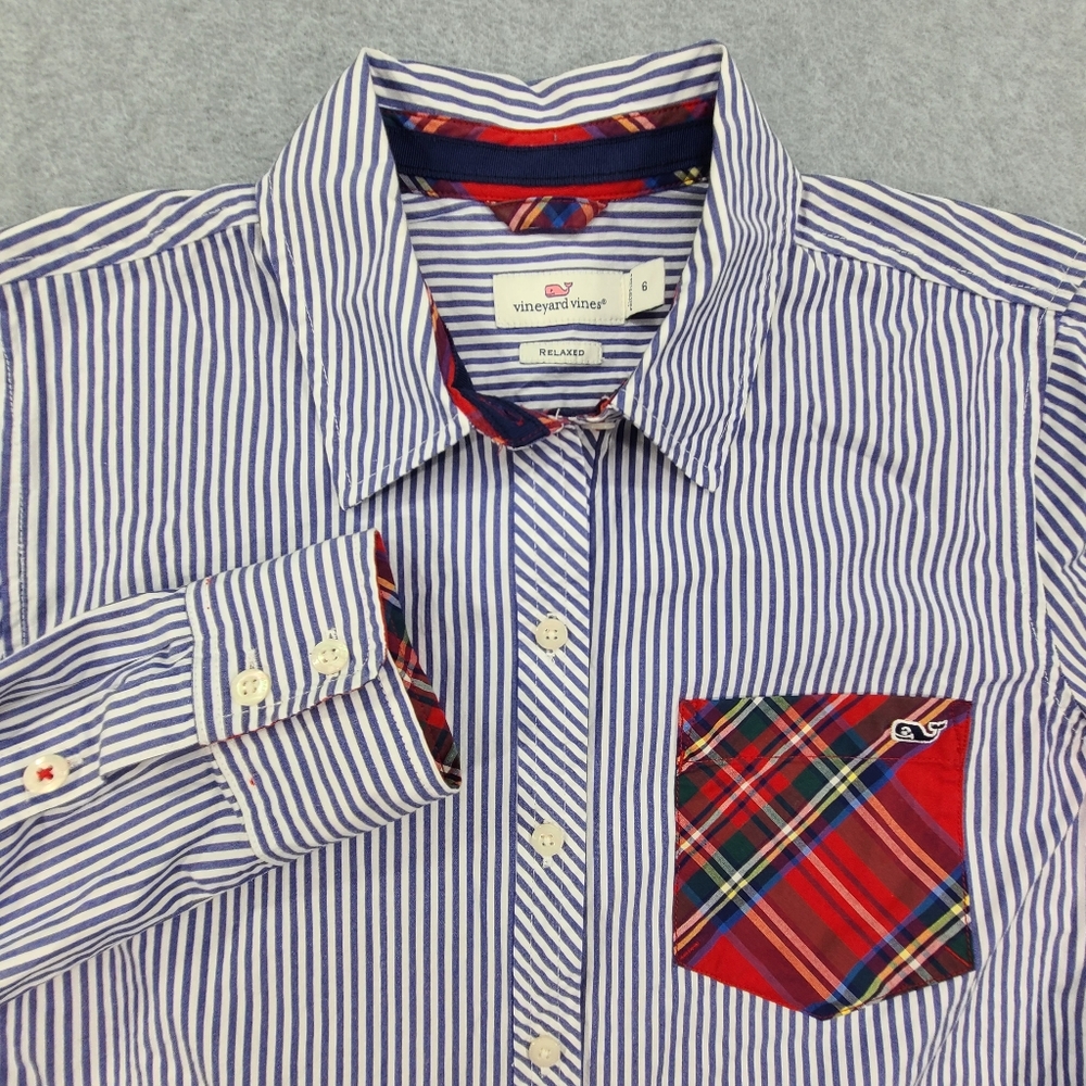 Vineyard Vines Striped Holiday Plaid Button Shirt Womens 6 LS Relaxed Stretch